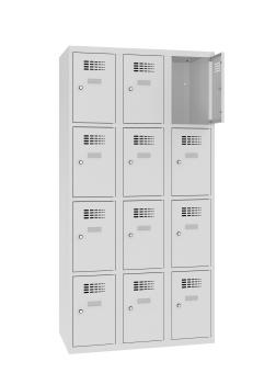 Ein lichtgrauer Fächerschrank mit drei Abteilen und zwölf Fächern mit jeweils einer Tür. Die oberste rechte Tür ist geöffnet, während der Schrank vor einem weißen Hintergrund steht.